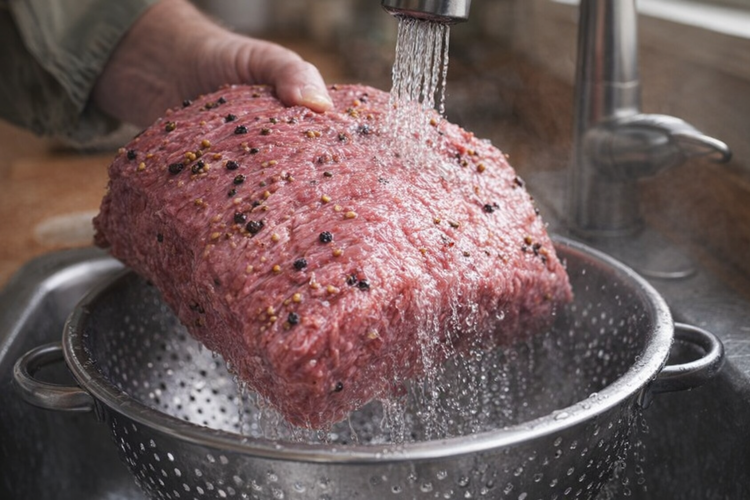 Close-up shot of a corned beef brisket being rinsed under a running faucet, water cascading over the pink meat, a colander underneath